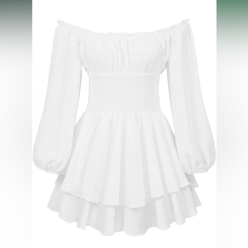 White Puff Sleeve Off the Shoulder Layered Ruffle Dress Dot Texture Size Small
